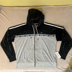 Tommy Hilfiger Womens Velour Grey Logo Full Zip Hoodie Sweatshirt NWT US XXL
